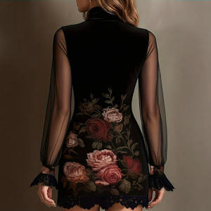 Robe Mini Imprimée Rétro pour Femme, Série Noire Tendance, Légère, en Maille, à Manches Longues, Bordée de Dentelle, Robe de Cocktail Élégante - Product Image 5