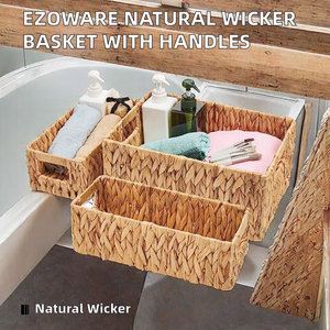 EZOWare Cesto Portaoggetti Rettangolare in Vimini Naturale Riscaldato ad Acqua con Manico, Capacità 10-20L, per Cameretta, Bagno, Dispensa - 2 Misure - Product Image 2