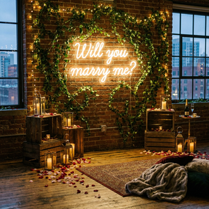 Letrero de Neón con la Frase '¿Te Casarías Conmigo?' - Luz Decorativa LED Blanca Cálida para Colgar, Ideal para Propuesta en un Bosque Encantado al Atardecer - Product Image 4