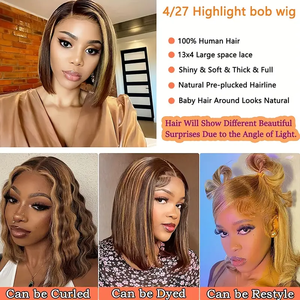 Vente en gros sans colle Lace Frontal P4/27 Court Bob Piano Couleur Perruque de Cheveux Humains 13x4 Hd Lace Front Court Bob Perruques Pour Femmes Noires - Product Image 6