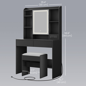 Tocador Moderno <span class=keywords><strong>VASAGLE</strong></span> Negro con Espejo LED, Cajones y Taburete para Dormitorio - Product Image 2