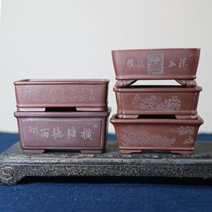 Zisha Bonsai Pots Rectangular <b>Trough</b> Handmade Carved Desktop Miniature - Product Image 1