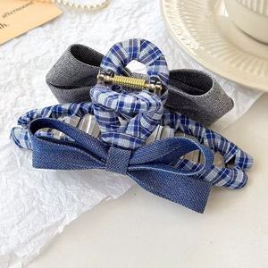 Pince à cheveux en plastique à nœud en jean bleu à carreaux coréen, mignonne et élégante, pour usage quotidien des filles, avec fixation en tissu - Product Image 5