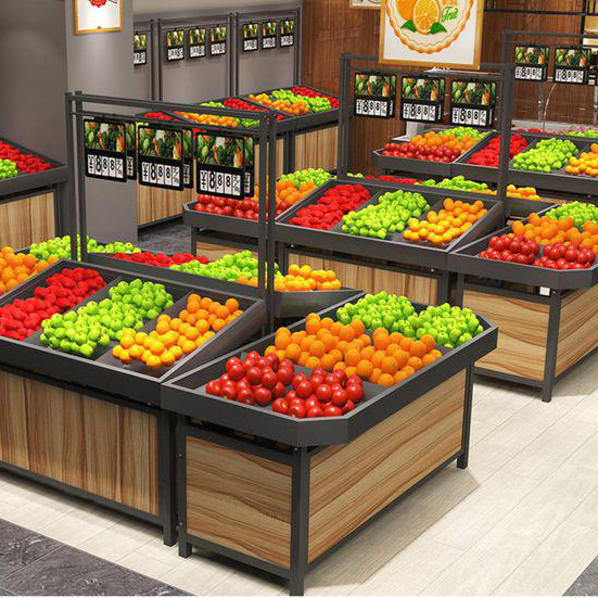 Multifunctionele Houten Stalen Groentestandaard Houten Fruit En Groente Displayrek Voor Supermarkt