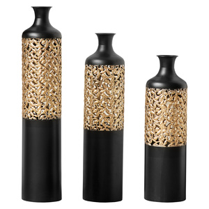 Handcrafted Metal Floor <b>Vase</b> Set Black Gold Cutout Design Tall <b>Vases</b> 20.8 24.8 28.7 Inches Living Room Entryway Decor - Product Image 2
