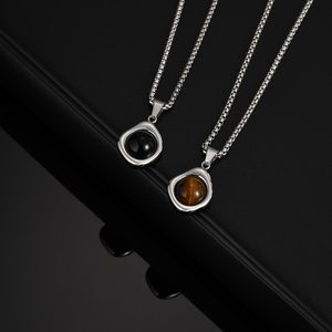 <span class=keywords><strong>Collana</strong></span> con Pendente in Pietra Naturale Occhio di Tigre e Agata, Acciaio Inossidabile Placcato Oro 18K, Gioielli alla Moda per <span class=keywords><strong>Uomo</strong></span> - Product Image 2