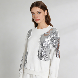 Wholesale Women's Elegant Crewneck Sequined Patch <b>White</b> Pullover <b>Sweatshirt</b> - Product Image 2