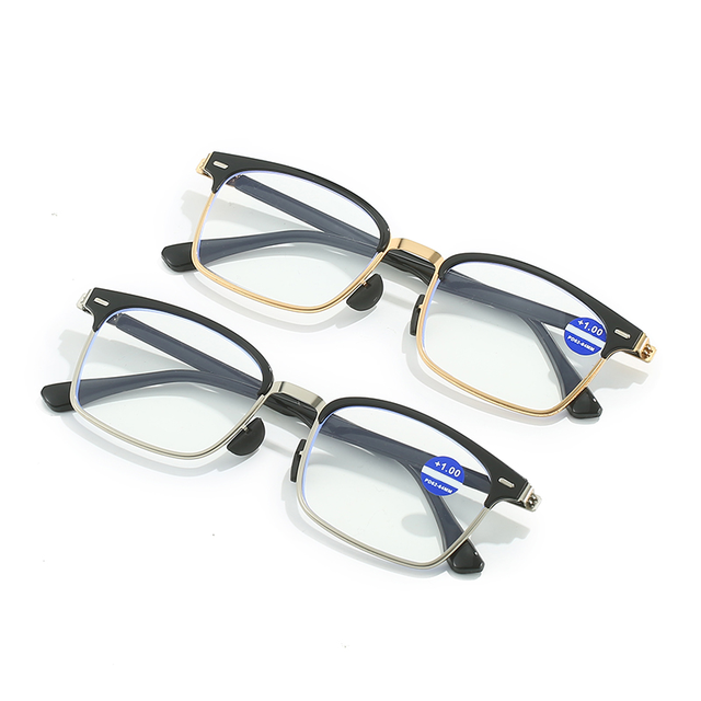 BY9108 Unisex Slim Reading Glasses 1pc Gold Metal Full-Rim Squared Lens Blue Light Blocking High Quality Presbyopia Fashion