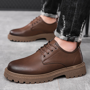 Men's Leather Derby Shoes Brown Low Heel Thick Sole Casual Chunky Shoes For Leisure Wear <b>Rubber</b> Outsole Cushioned Comfortable - Product Image 1