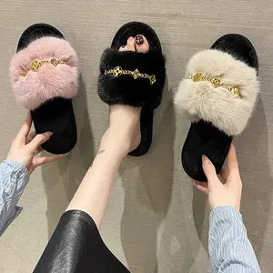 2024 Fashionable TPR sole Winter Fluffy Fuzzy Indoor Plush Faux Fur home Slippers for Women Lad