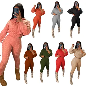 Örme iki parçalı Set kazak Hoodie üst kadınlar lüks zarif kıyafet 2022 tığ kırpılmış örgü üstleri kış 2 parça takım elbise pantolon seti