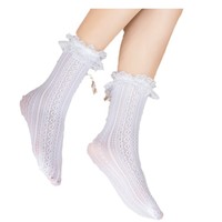Chaussettes Lolita en dentelle à volants, blanches, ajourées, en crochet, mi-mollet, respirantes, fines, pour l'été, style JK, vente en gros