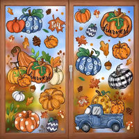 Autocollants statiques double face pour fenêtre, motif récolte d'automne, citrouille, feuille d'érable, camion bleu, pour décoration de maison et vitres de Thanksgiving