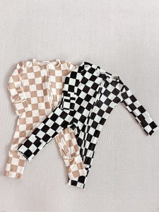 Damier grille bébé à manches longues fermeture éclair barboteuse unisexe bébé fille et enfant en bas âge garçon sommeil pyjamas fabriqué à partir de 95% bambou 5% Spandex - Product Image 4