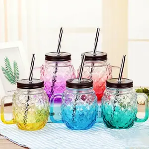 Mason Jar với xử lý nước trái cây bia nước giải khát thủy tinh sáng tạo mới bóng hình dứa dập nổi màu gradient 480ml cắm trại vuông