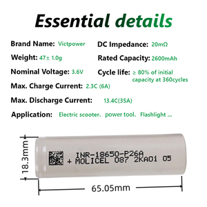 ขายส่งแบตเตอรี่ Molicel P26A ของแท้ 3.7v18650 2600mah แบตเตอรี่ลิเธียมไอออน รุ่น P42A P28a 35A อัตราการคายประจุ 1000 รอบ - Product Image 4