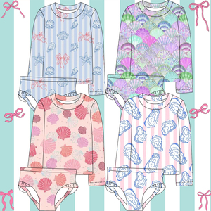 Traje de Baño de 2 Piezas para Niñas, Diseño de Conchas Marinas, Camisa de Manga Larga y Pantalones Cortos con Volantes, Traje de Baño para Bebés - Product Image 1