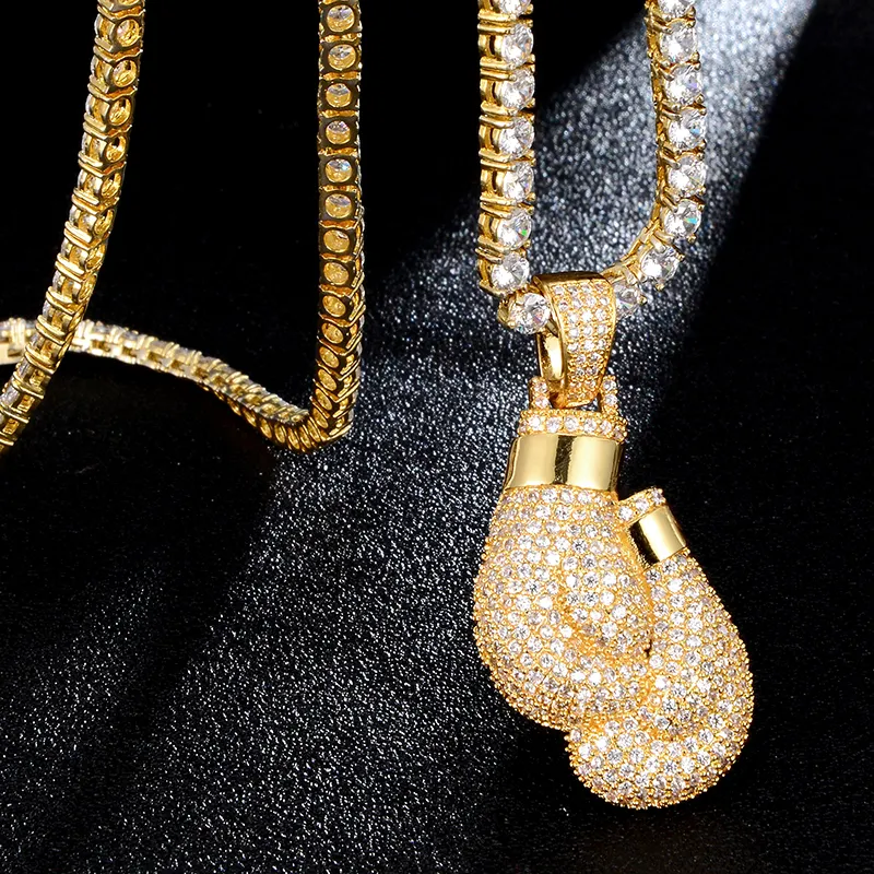 Hip Hop Bling CZถุงมือมวยIced Out Cubic Zirconสร้อยคอและจี้สำหรับผู้ชายเครื่องประดับCharmเทนนิสChain