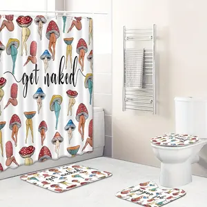Fantastic Fun Colorful Mushroom Shower Curtain with 12 Hooks, Non-slip Bathroom Carpet 4PCS Bathroom Set
