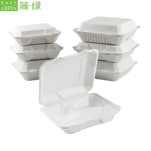 Caja de papel desechable Biodegradable para el almuerzo, contenedor de comida fácil de llevar, pulpa, caña de azúcar, bagazo, color verde