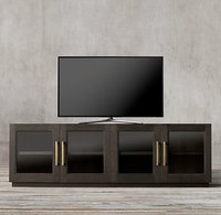Meuble TV Rhoohill personnalisé pour salon, en bois massif, avec 4 portes vitrées, style vintage américain, console multimédia longue en bois