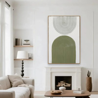 Peinture murale 3D texturée style simple, motif arche, vert olive sauge, relief abstrait, sculpture sur bois avec cadre doré