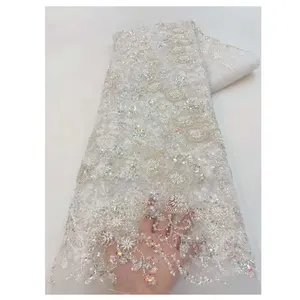 French Gold Color Lace Designer Fabric Sequins Beads Bridal Embroidery Lace Fabric for Evening Dresses