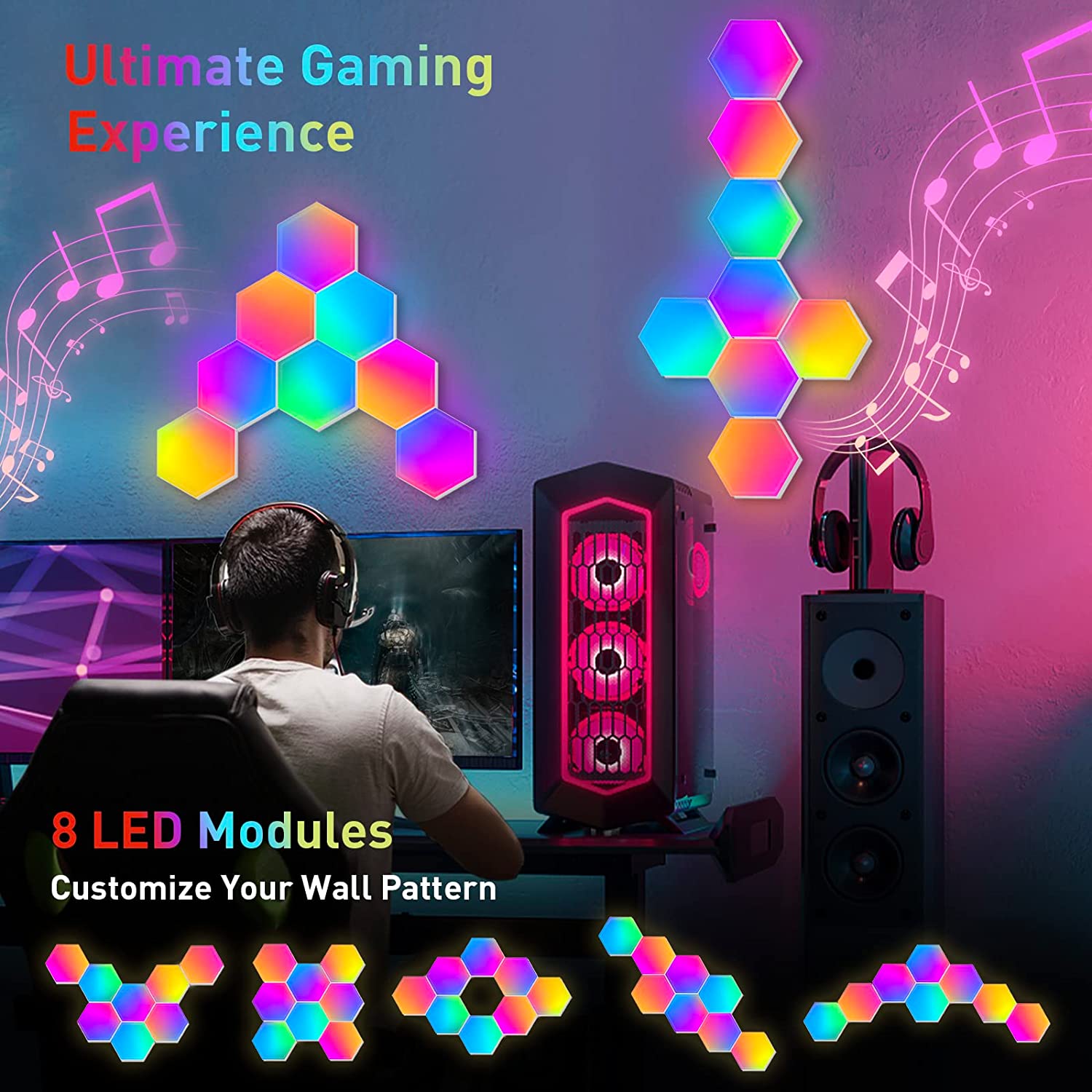 Lâmpada de parede LED hexagonal inteligente para jogos, painel de LED RGB com hexagões para sala de jogos, parede decorativa com sincronização de música, luzes de parede LED hexagonais