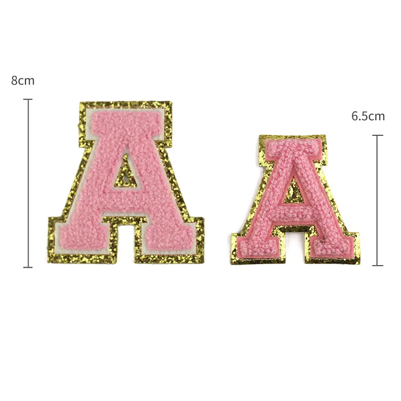 Custom hot iron on initial patches embroidery colorful glitter letter chenille puffy letter patches with gold trim 8 cm 6cm