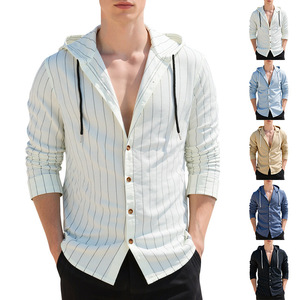 Chemise à capuche rayée à manches longues pour homme, boutonnée sur le devant, en mélange de lin respirant, style décontracté pour la plage - Product Image 6