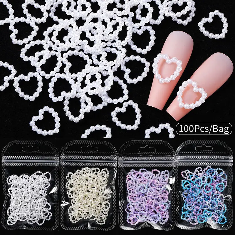 100 pièces/sac autocollant de perle de couleur graduée en forme de cœur creux pour ongles, décoration de perles à faire soi-même, accessoires de charme pour Nail Art, bijoux