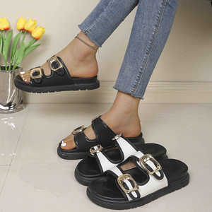 New Arrival Factory Wholesale Two Tone Double Buckle Platform <strong>Slides</strong> Women's Casual Chunky Slippers - Product Image 5