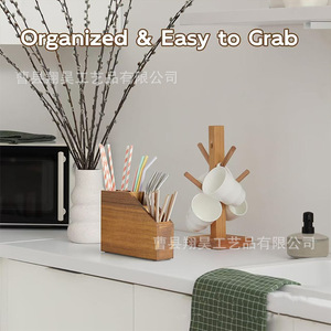 Wooden <b>Storage</b> <b>Box</b> Desktop Multi Compartment <b>Kitchen</b> Tableware Organizer Rectangle Solid Wood Tidy Organizing - Product Image 5