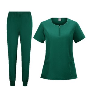 Women's Scrub Set Short Sleeve Round Neck Zipper Top With Pockets Moisture Wicking For Salon Hospital Uniforms - Product Image 5