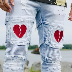 DiZNEW Custom Style Dark Blue Jeans For Men Pocket Zipper Ripped Patchwork Jeans Men Red Printed Men Jeans Pantswholesale