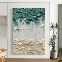 Peinture 3D texturée à l'huile de paysage de plage, grande toile abstraite lavable turquoise, art mural côtier vague blanche