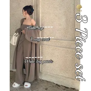 Luluxixiyaya Knit Tube Top Irregular Slash Bottom Wide Leg Long Pants Extra Long Cardigan Coat 3 Piece Matching Sets Women