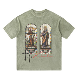 Camiseta de Hombre con Estampado Religioso de Vitral, Cuello Redondo, Manga Corta, Lavada, Estilo Urbano Casual - Product Image 2