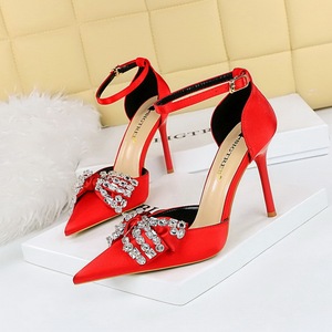 Chaussures <span class=keywords><strong>à</strong></span> talons hauts d'été pour femmes, <span class=keywords><strong>bouche</strong></span> peu profonde, bout pointu, strass, nœud, creux, avec sandales - Product Image 6