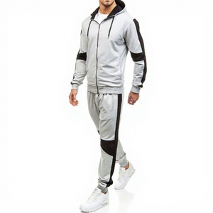 Ensemble de survêtement pour homme gris et noir à blocs de couleur, sweat-shirt à capuche entièrement zippé et pantalon, tenue décontractée d'automne avec poches latérales - Product Image 6