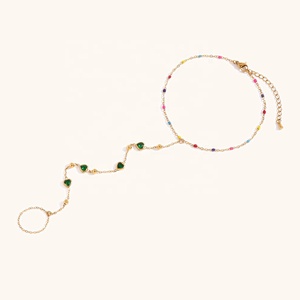 डिंगरन 18k सोने की प्लेटेड स्टेनलेस स्टील के सामान रंगीन बीड ग्रीन हार्ट जिरकॉन फिंगर चेन - Product Image 3