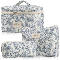Vente flash : Trousse de maquillage en toile à carreaux bleus légers pour femmes, fermeture éclair, petite pochette florale pour les voyages, mignonne et pratique