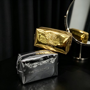 Grande trousse de maquillage en PU métallique argentée, grande capacité, étanche, avec fermeture éclair et logo en relief, portable - Product Image 2