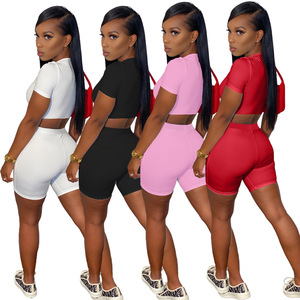 Nuovi arrivi con logo personalizzato 2024 abiti estivi <span class=keywords><strong>abbigliamento</strong></span> da <span class=keywords><strong>donna</strong></span> tinta unita cerniera con scollo a v due 2 pezzi pantaloncini da motociclista set - Product Image 5