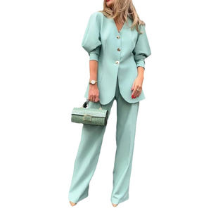 Einfarbige Laternen ärmel Lose Anzug Jacke & Hose Pendler Damen 2-teiliges Set Sehe Fashion - Product Image 1