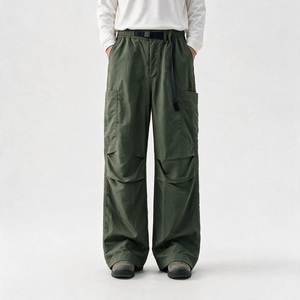 Men's <b>Wide</b> <b>Leg</b> <b>Cargo</b> Pants Elastic Waist Multiple Pockets Workwear Style taffeta Trousers Autumn Breathable Lightweight Green - Product Image 1