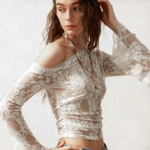 Haut sans Manches en Dentelle Sheer avec Motif Asymétrique et Manches Ballon - Product Image 3