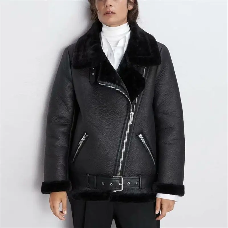 Winter new fashion fur thickened lapel lambswool jacket long sleeve belt women's leather coat