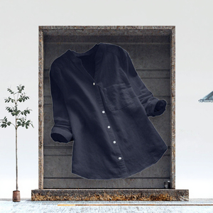 Chemise en lin et coton pour femme, coupe ample, col en V, manches longues, boutonnée, avec poche, pour le printemps et l'automne - Product Image 3