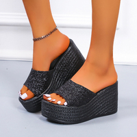 Sandales de plage à talons hauts pour femme, style éponge, à paillettes, à semelle épaisse, pour l'été